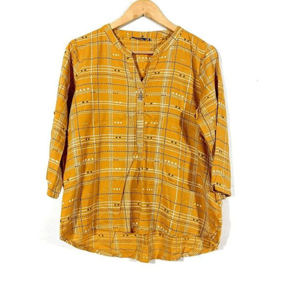 Akkriti by Pantaloons Rayon Mustard Yellow Plaid Blouse, Size XL, MSRP $120 - Picture 1 of 10